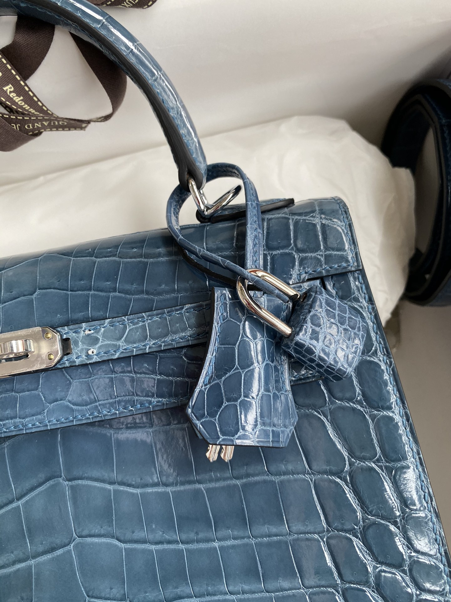 Hermes Kelly 25cm Handbag Shoulder Bag In Blue Jean Shiny Crocodile Niloticus Leather